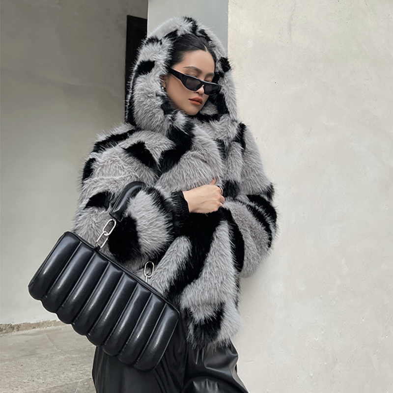 Oversized Hooded Fox Overcoat Women Baggy Faux Fur Jacket Thick Coat Warm Outwear For Girls Y2k Cool Street Winter