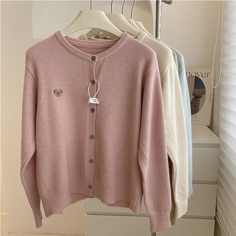 Embroidered Puppy Round Neck Knit Cardigan Women Korean Fashion Solid Color Soft Sweater Autumn Winter New Lady Knitwear