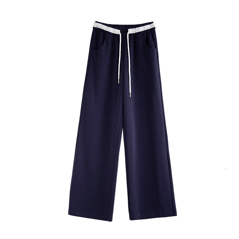 Color blocking American sports for women's autumn and winter sweatpants, high waisted loose design, lace up pants, casual straight wide leg pants