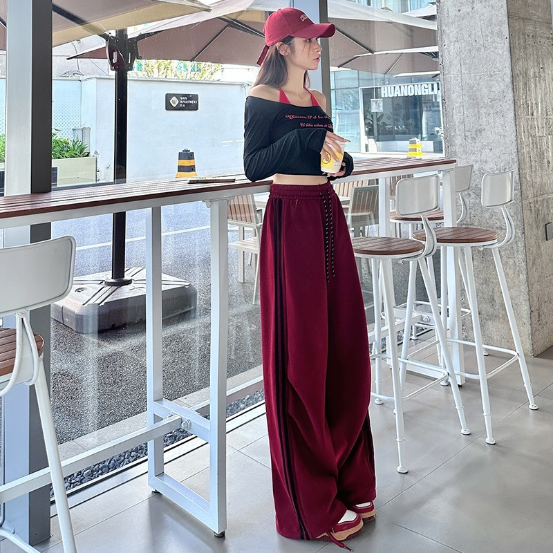 Wide sports pants for women, 2024 autumn and winter new style paratrooper pants, loose fit, high waisted, slimming, casual, tied straight leg sweatpan