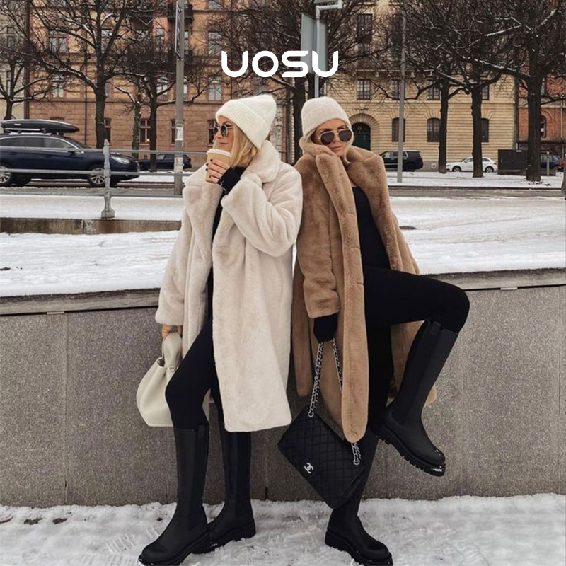 Winter Long Overcoats Women Oversized Loose Style Lapel Belted Faux Rabbit Fur Coat Jacket Female Plus Size Outwear Plush Coats