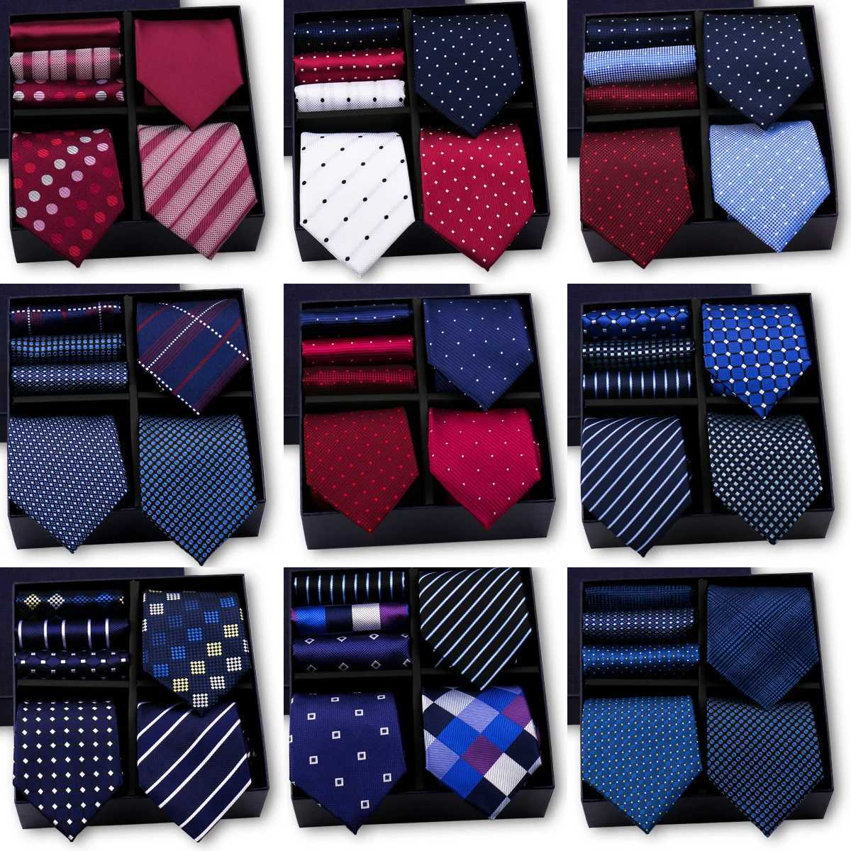 2024 New Mens Gift Box Tie Fashion Burgundy Chest Printed Business Stripe Necklace Pocket Squeezing 3 Sets Cbination Set Y240925