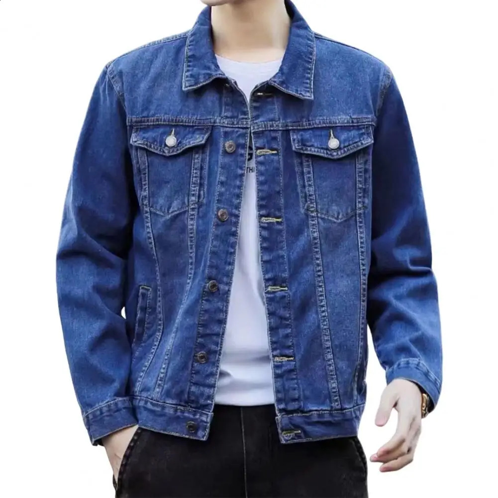 mens denim jacket with retro classic style motorcycle winter slim fit elastic cotton casual jeans spring 240921
