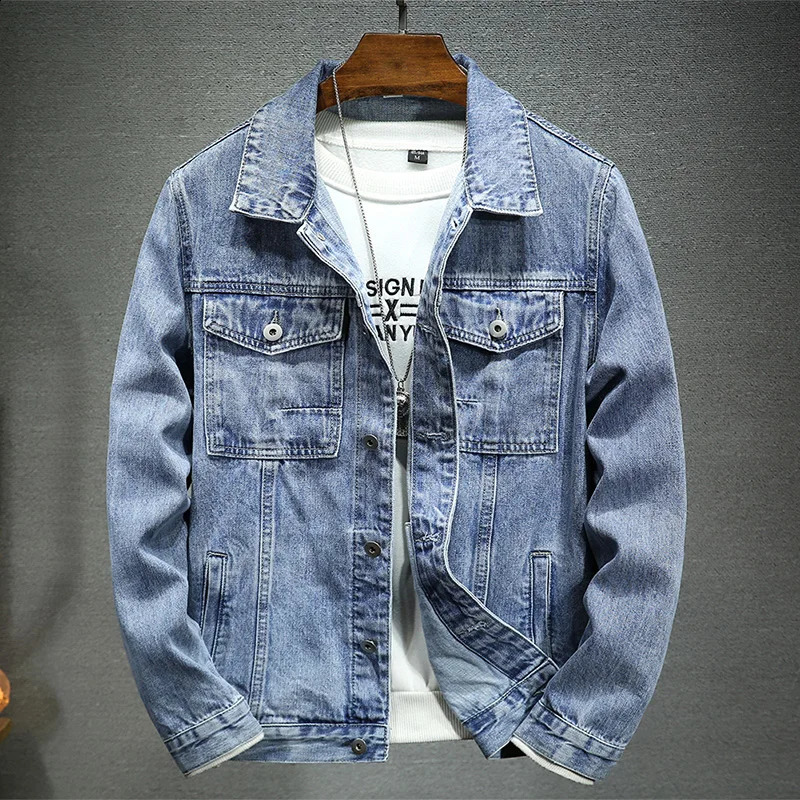 Mens casual jacket light blue washed thin collar elastic mens denim fashion trend 240921