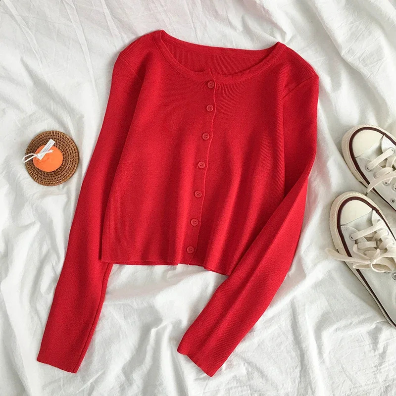 Rin Confa Women Fine Knit Cardigan Top Crew Neck Button Front Long Sleeve Femme Casual Spring Light Cropped 240919