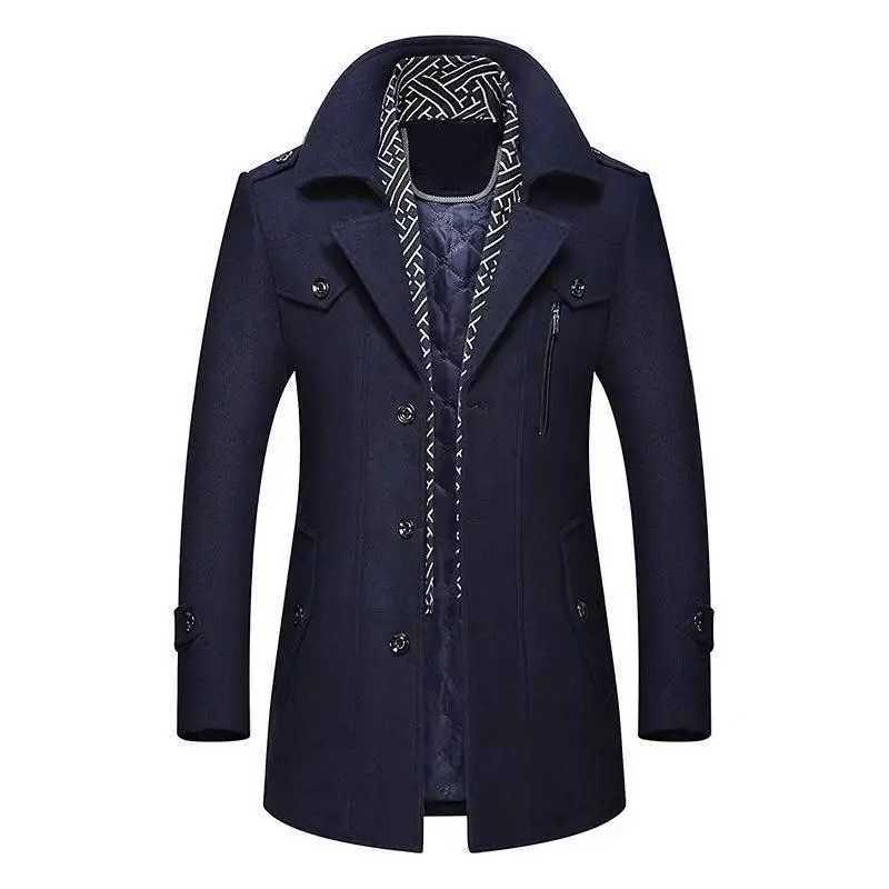 Winter mens wool coat new fashion mid length scarf collar cotton pad thick warm wool coat mens trench coat M-5Xl W240925