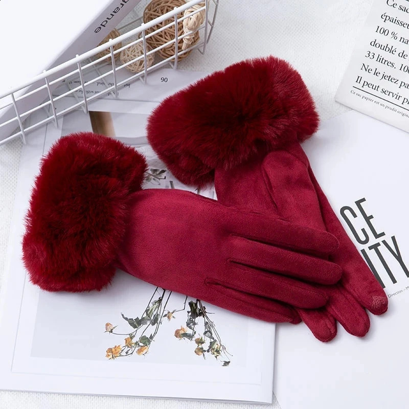 Korean Suede Leather Sports Cycling Warm Gloves Womens Winter Plus Velvet Thicken Full Finger Touch Screen Driving Mittens H92 240914