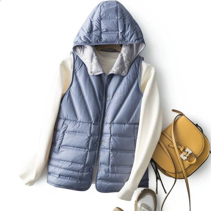Janveny womens ultra light white duck down vest sleeveless jacket hooded high-quality double-sided foam gold-plated womens vest 240925