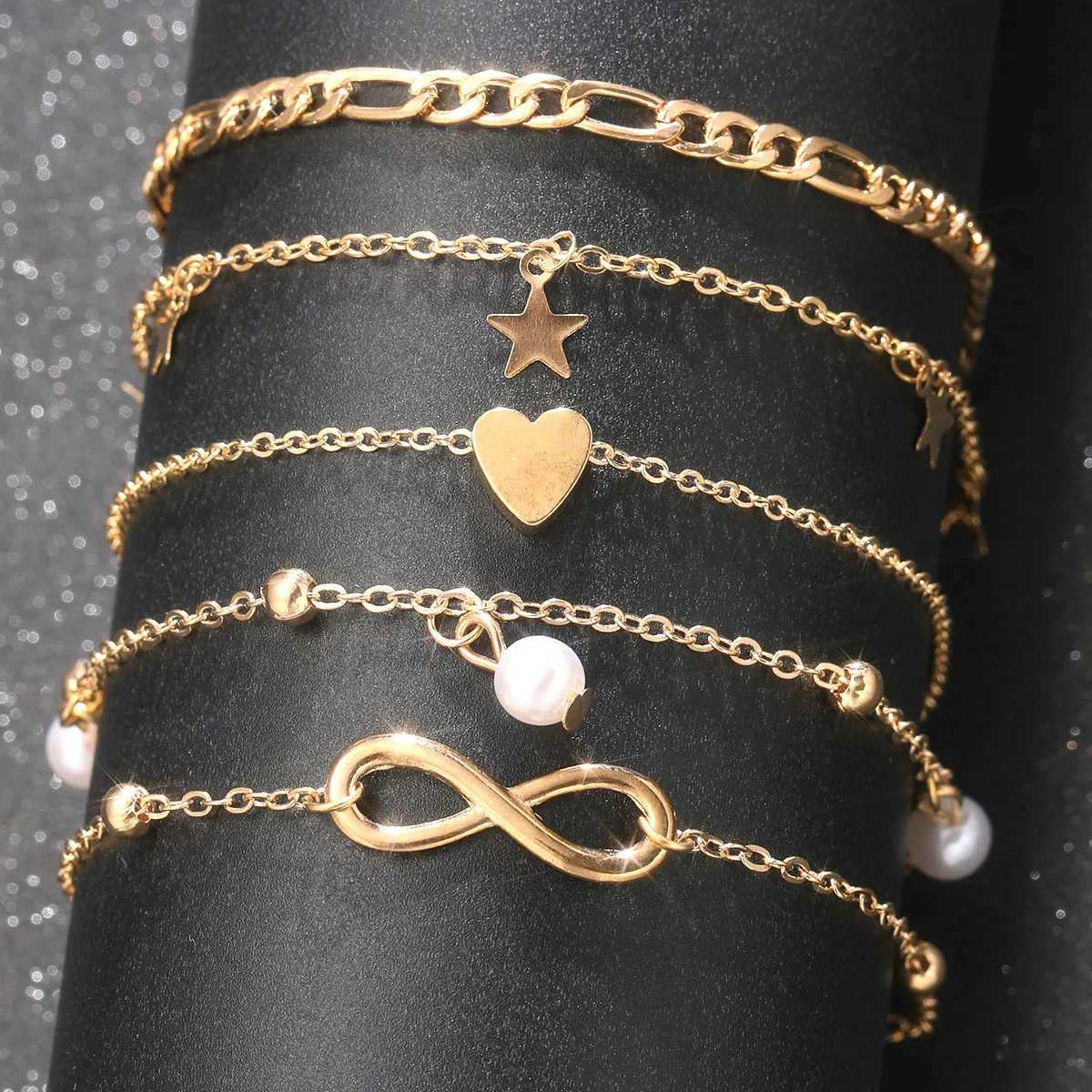 Bohemia 3PCS5Pcs for Retro Set Multilayer Women Tassel Vintage Anklet Pearl Butterfly Star Heart Pendant Foot Bracelet Beach JewelryX2409