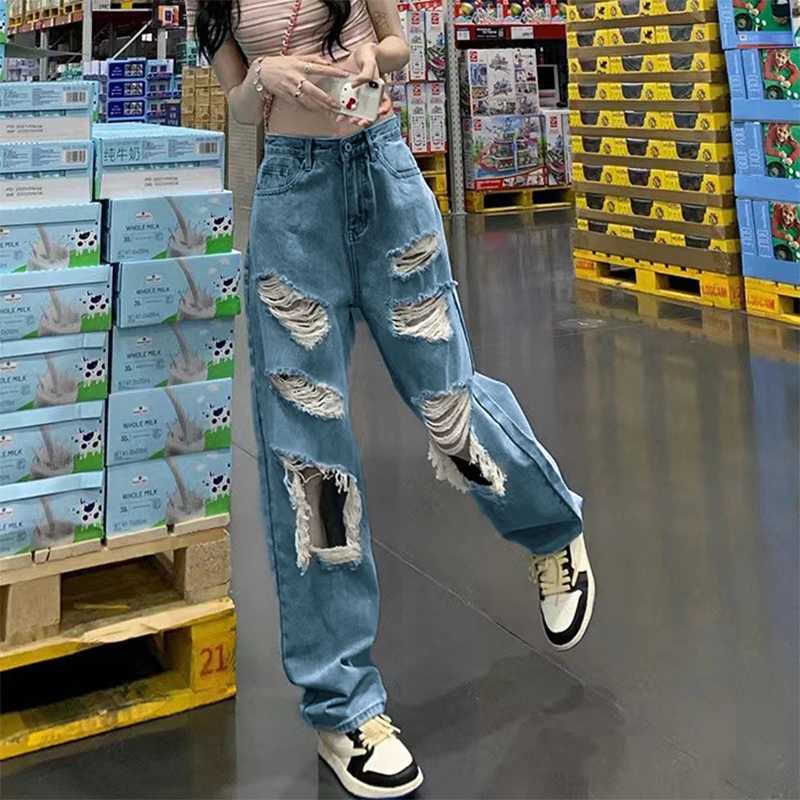 American Vintage Hole Y2k Women Jeans High Waist Jeans Wide Leg Baggy Loose Straight Hip Hop Streetwear Dragging Denim PantsX2409