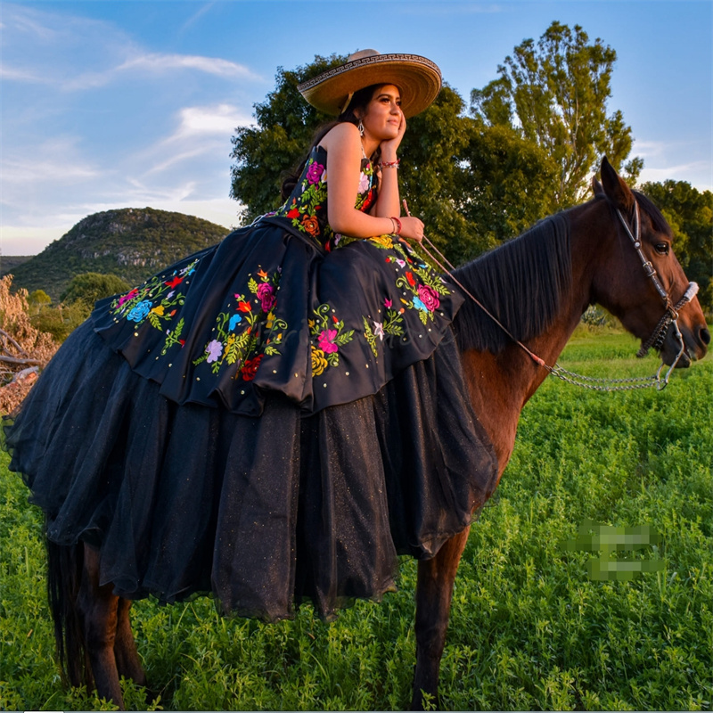 Vintage Black Mexican Quinceanera Dress With Colorful Embroidery Elegant Tulle Charro Sweet 16 Birthday Party Vestido De 15 Xv Anos Gothic Debutante F