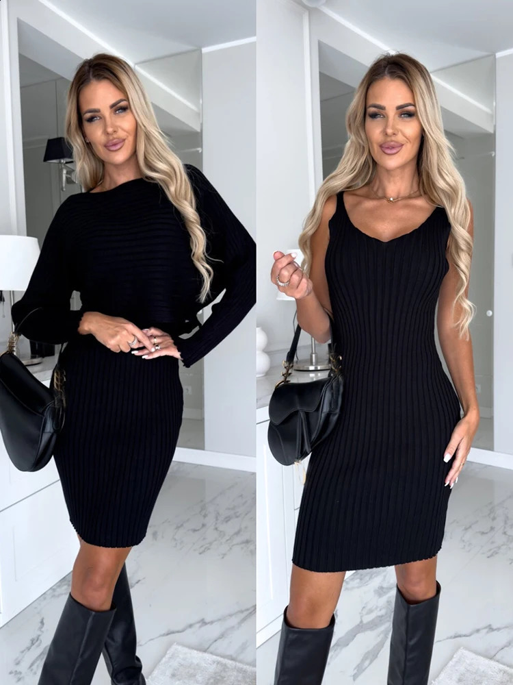 Fashion Long Sleeve Knitted Sweater And Dress Two Piece Sets For Women 2023 Autumn Winter Outfits Warm Sexy Bodycon Drsses 240926