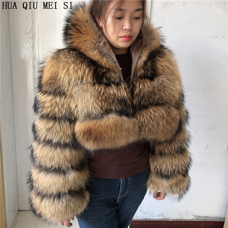 Natural New High Street Women Winter Jacket Real Fox Natural Raccoon 3 Rows Hooded Fur Coat