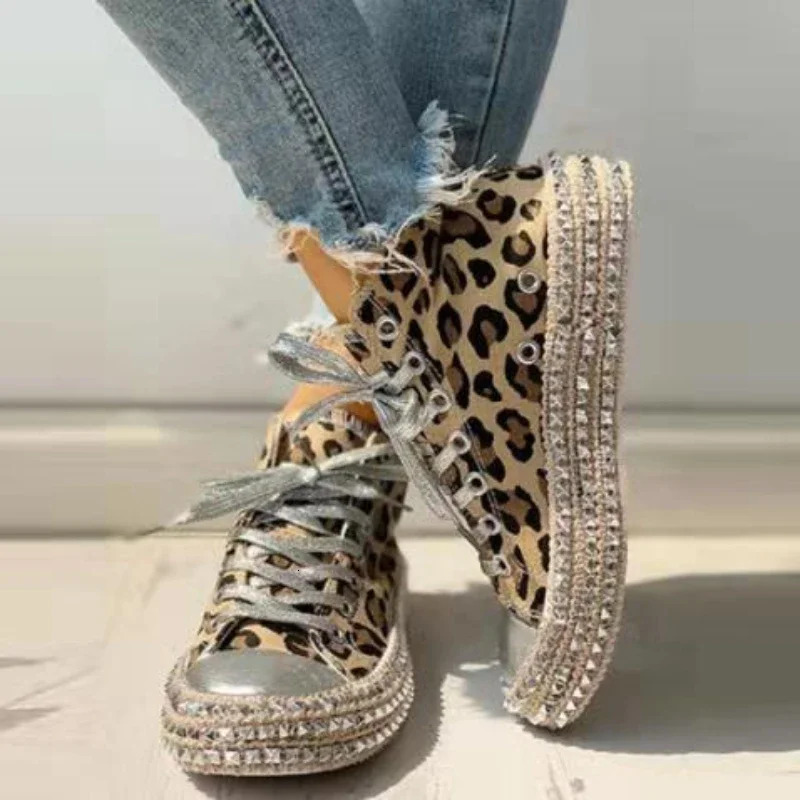 Women's Casual Fashion Studded Leopard Print Canvas For Women Lightweight Breathable Vulcanized Shoes Atos Mujer