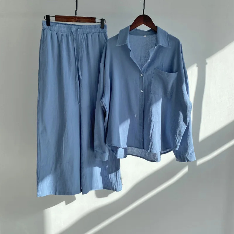Autumn Womens Casual Cotton Linen Shirt Set Drawstring Elastic Waist Wide Leg Pants And Thin Long Sleeve Blouses Top Solid Set 240926