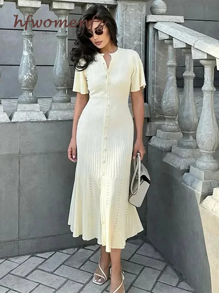 Splicing Maxi Dress Womens Short Sleeve Hollow Outer Rib Long Party Dress Elegant O-Neck High Waist Womens Knitted 240926