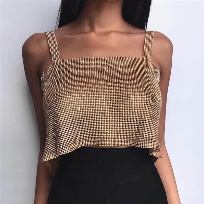 Bling Rhinestones Party Crop Top 2024Fashion Solid Backless Straps Full Diamonds Sequins Cami Cropped Top for Women 240926