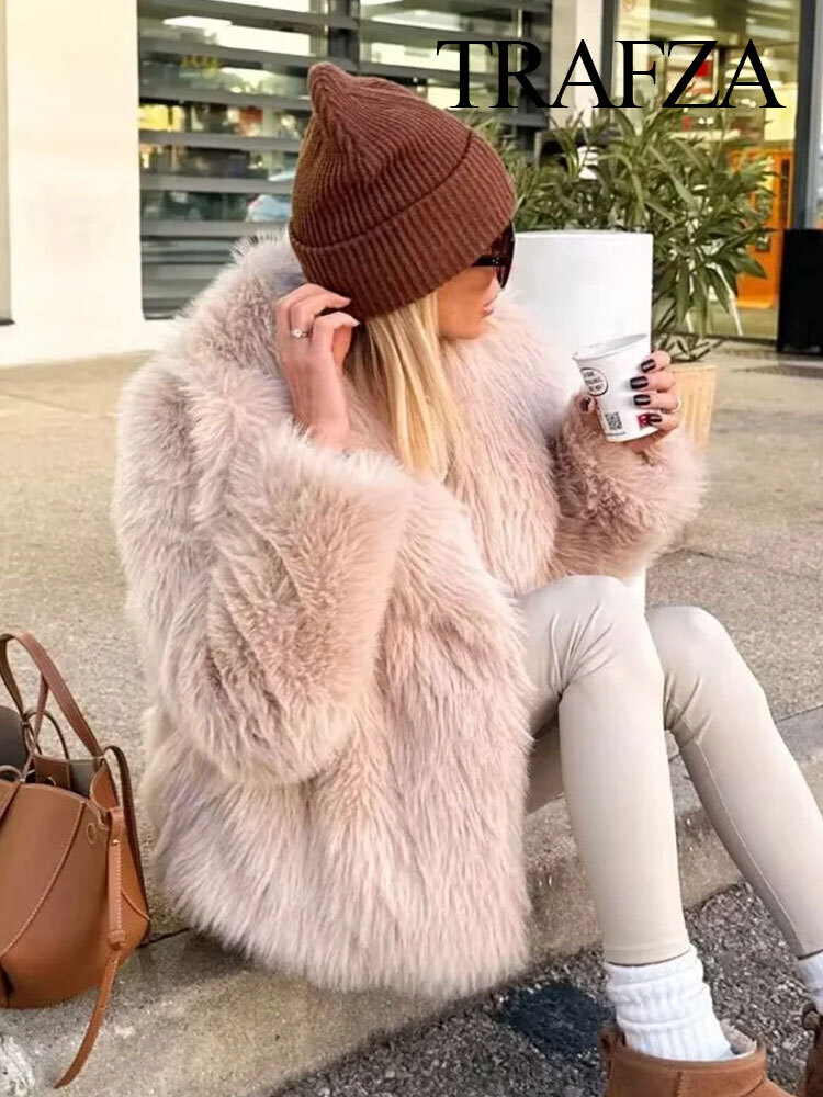 TRAFZA Women's Fashion Faux Fur Cropped Coat Autumn Winter Lapel Long Sleeve Thick Warm Jacket Female Chic Outerwear