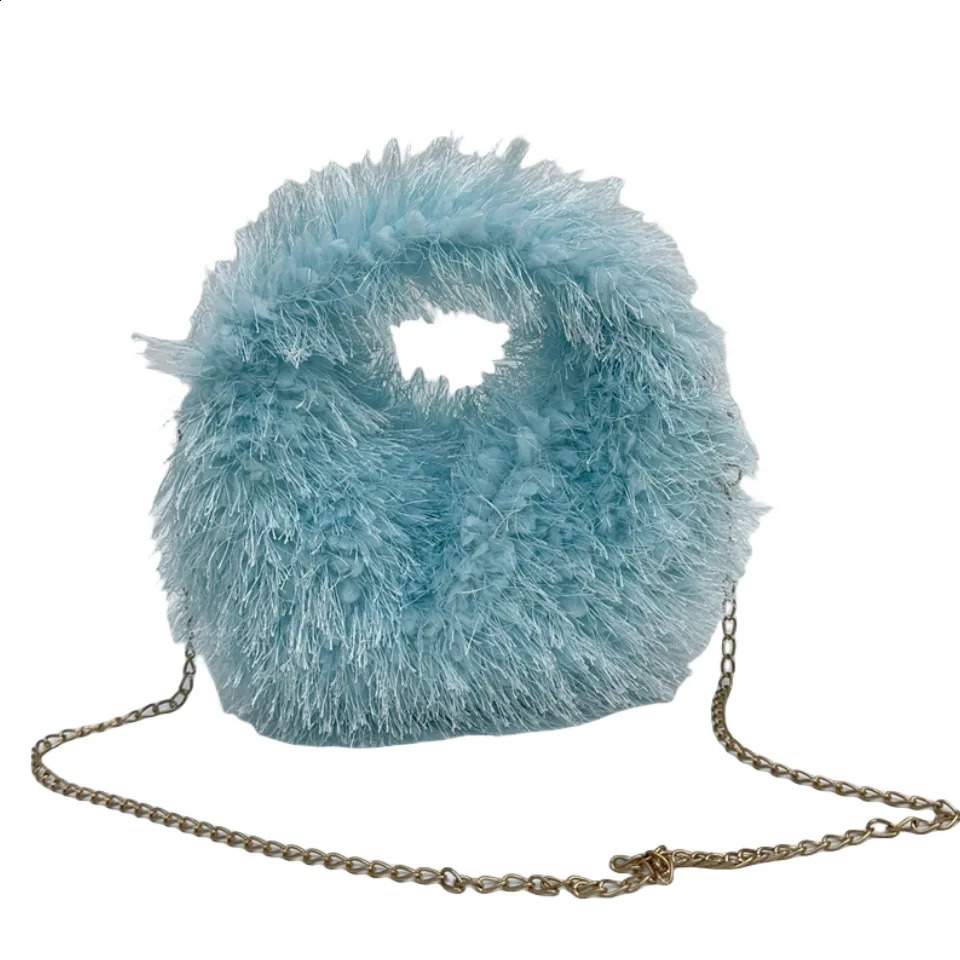 Simple solid color plush womens shoulder bag fashion chain fake fur womens cross body bag sweet casual womens handbag wallet 240923