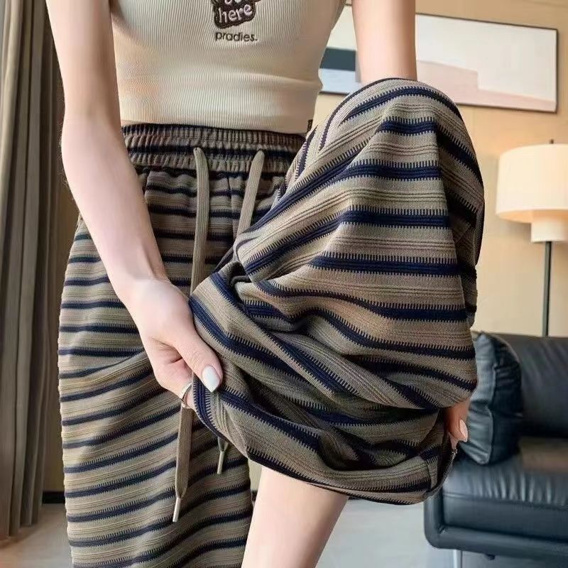 Striped casual wide for women in the summer of 2024, high waisted, loose and fashionable Korean version, trend slimming straight leg floor length pant