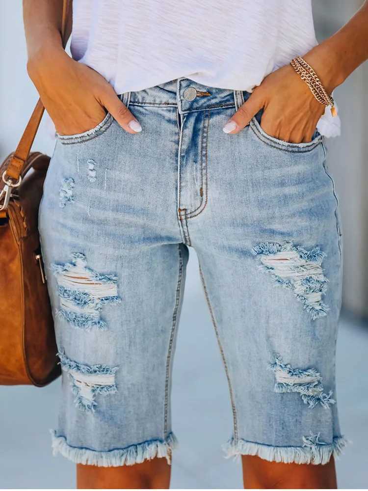 Ripped Jeans Summer Street Tassel High Elastic Skinny Pants Mid Waist Five Points Pants Women Slim Hole Ladies Casual ShortsX240923