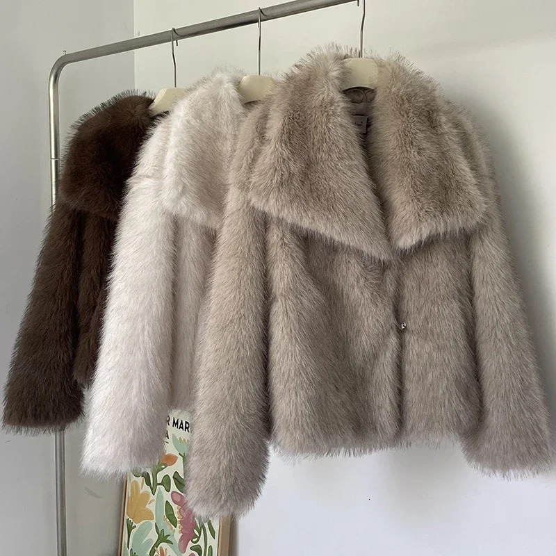 Gradient Fluffy Coat Women 2024 Winter High Street Big Collar Furry Faux Fox Fur Jacket Female Overcoats