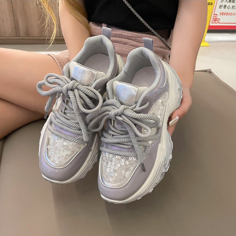 Ddmybear Shining Dad Women's 2024 Spring New Fashionable Lace Up Sponge Cake Thick Bottom Height Increasing Casual Sports Shoes Chinese Brand Sho