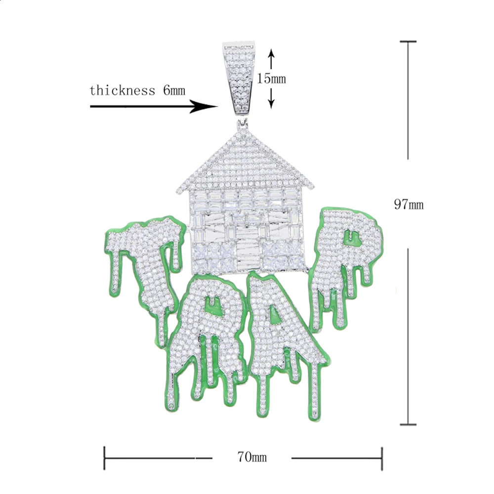 Iced Out Bling CZ Letter Trap Pendant Necklace Zircon House Green Fluorescenc Charm Men Hip Hop Jewelry 240918