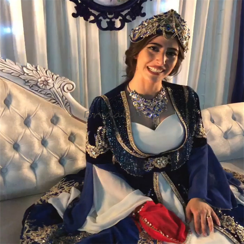 Luxury Navy Blue Turkish Wedding Dresses Sparkly Beaded Long Sleeve Moroccan Fantasy Aesthetic Bridal Gowns Pakistani Bride Dress Arabic Vestido De Ca