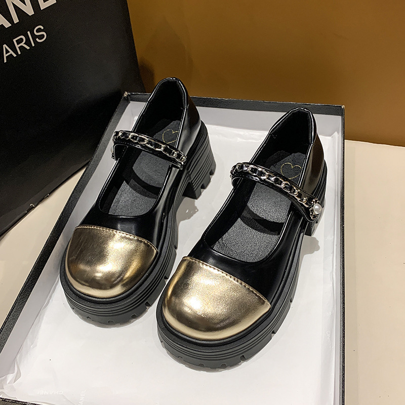 Mary Jane women's high heels new shallow mouth height increasing small size single shoes women's pearl thick heel thick soled leather shoes 
