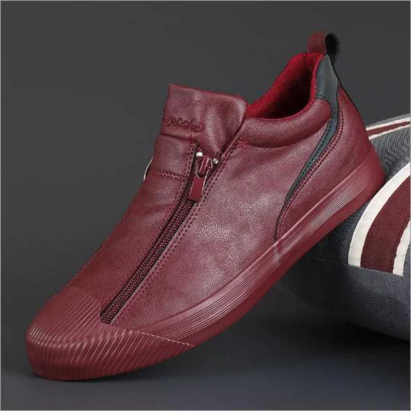 Winter Men Leather Casual Shoes Fashion Double Zipper High Tops Flat Shoes Slip on Plush Male Sneakers Loafers Tenis Masculino M240925