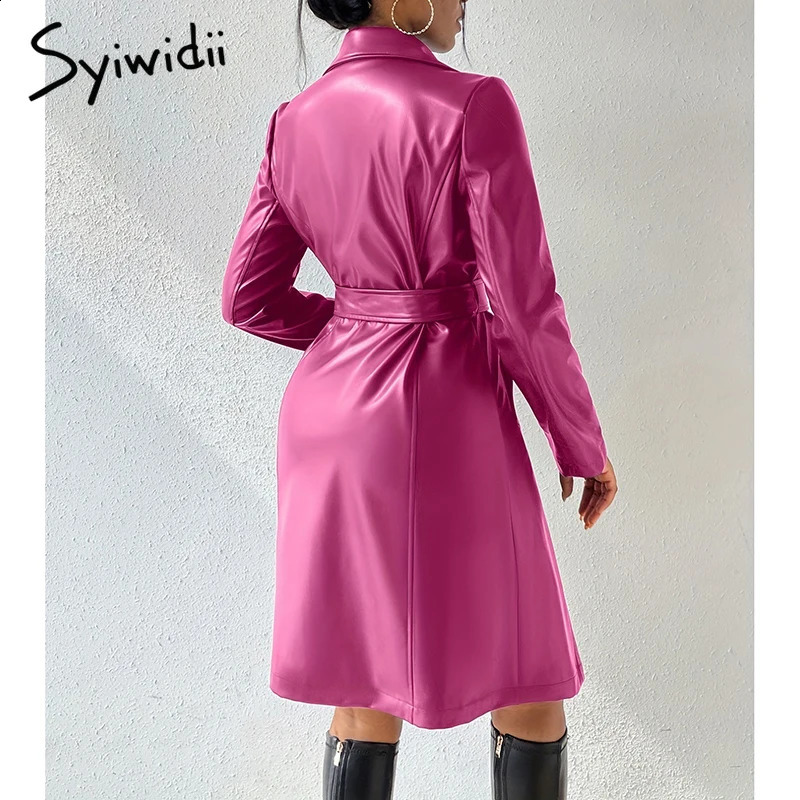 Syiwidii Elegant PU Leather Trench Coat for Women Fashion Lapel Lace Up Midi Length Jacket Autumn Temperament Lady Outerwear 240918