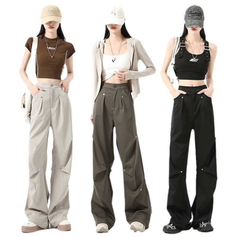 Riveted velvet work for women's autumn and winter 2024 new high waisted casual wide leg American sports pants