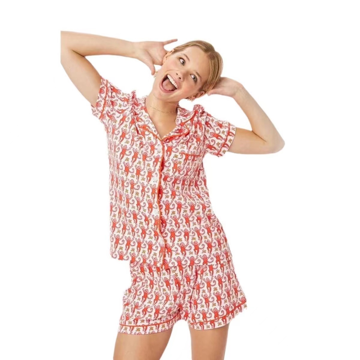 wholesale Summer girls sleepwear two piece pama set satin silk designers print pyjamas short pamas for women