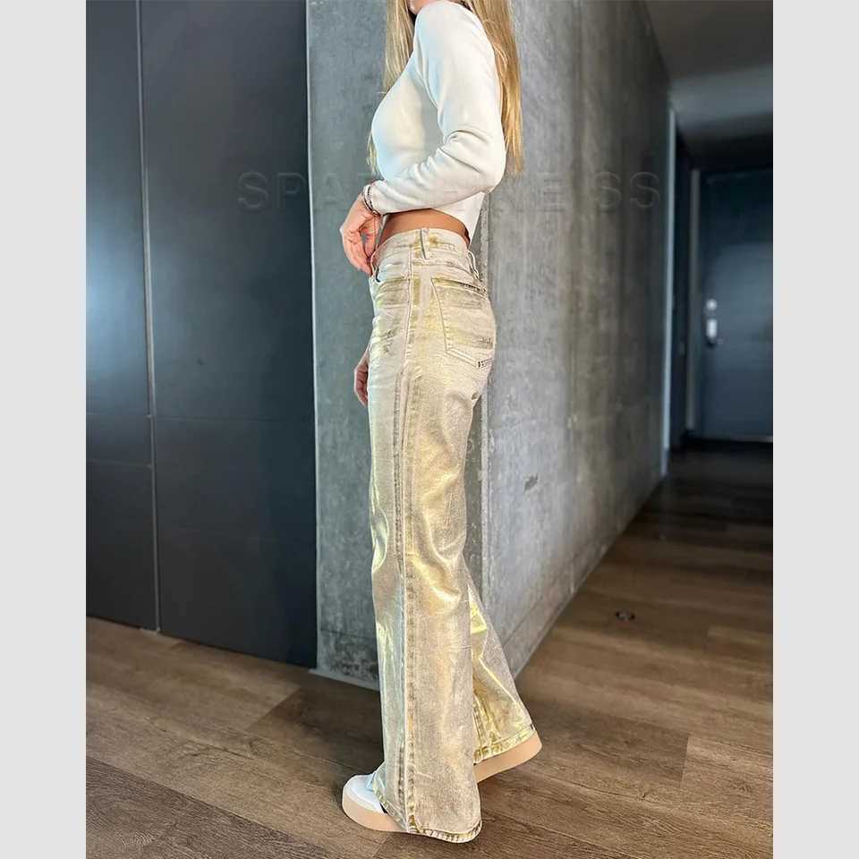 Metallic Y2K Advanced Sense Coating Casual Wide-leg Jeans Female Straight Jeans Loose Hip-hop Streetwear Oversize Denim TrousersX240923