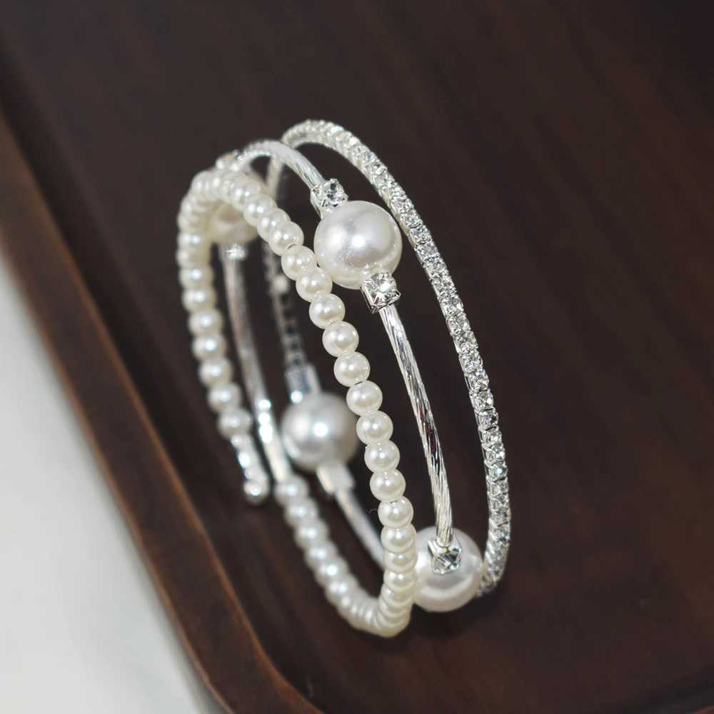 Crystal Pearl Bracelet Womens Rhinestone Multi layer Adjustable Bracelet Cuffs Gold Silver Plated Charm Bracelet Jewelry Gift W240925