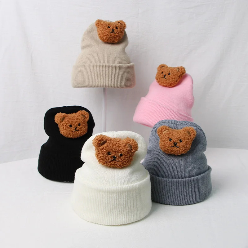 Korean cartoon bear baby hat cute solid color born bean girl boy autumn toddler knitted 240925