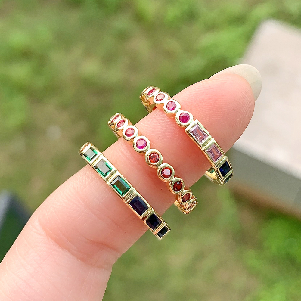 Geometric Rainbow CZ Gold Stacking Engagement Ring | Thin Cubic Zirconia Band