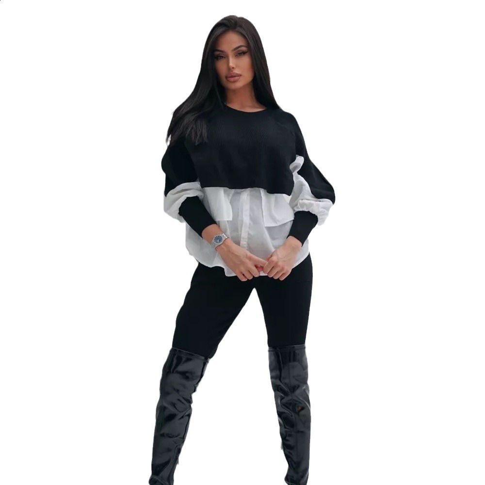 Autumn European Womens Sweater Splicing Shirt Two Piece Set Western Knitted Top 240926