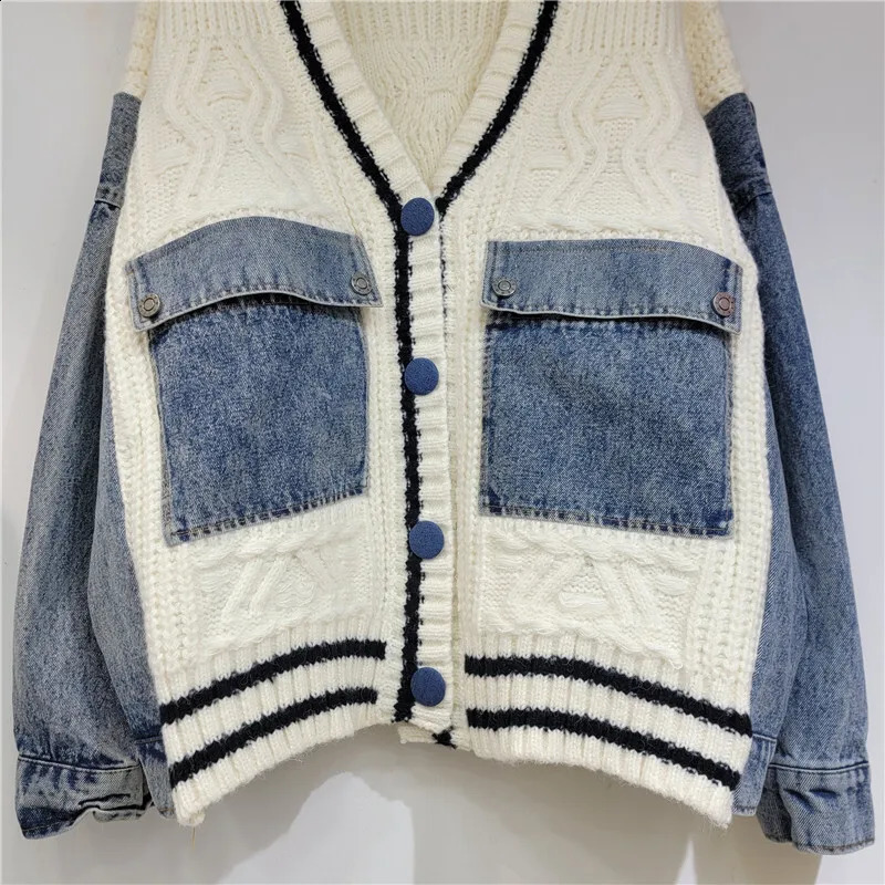 Fashion womens patch work denim pocket knitted striped cardigan autumn fashion Vneck long sleeved sweater 1LS022 240923