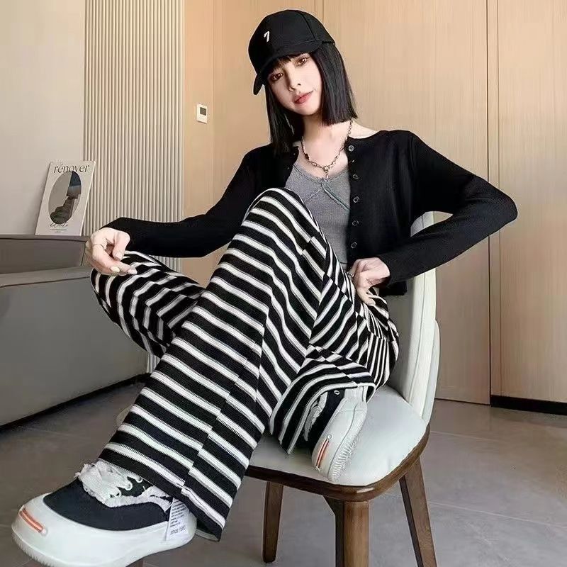 Striped casual wide for women in the summer of 2024, high waisted, loose and fashionable Korean version, trend slimming straight leg floor length pant