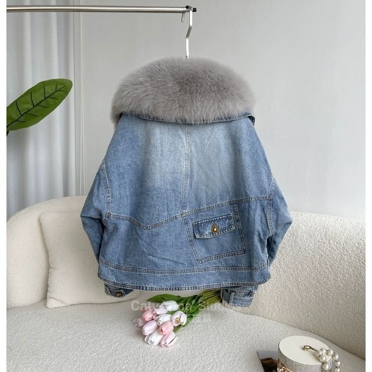 Detachable Collar Denim Coat Women Winter Parkas Fox Fur Short Down Jacket Female Outwear Fashion Long Sleeve Jeans Clothes R066