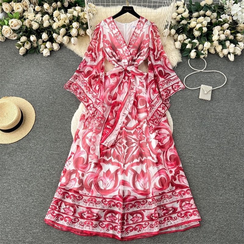 Designer Womens Casual Dresses Luxury Temperament Long Sleeved V-neck Slim Blue And White Porcelain Positioning Silk Dress