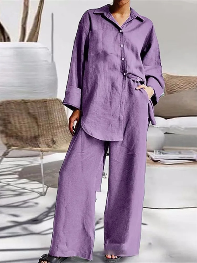 Autumn Long Pant Sets Cotton Linen Women Casual Style Solid Color Loose Wide Legs Pants Two Piece Set Clothing Ladies 240926