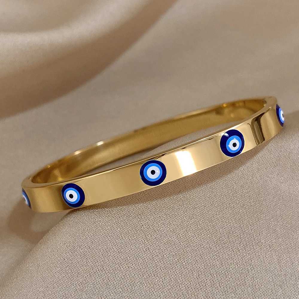 Dodohao Boho Blue Human Evil Eye Stainless Steel Bracelet for Womens Charm Simple Lucky Gold Plated Thin Chain Jewelry W240925