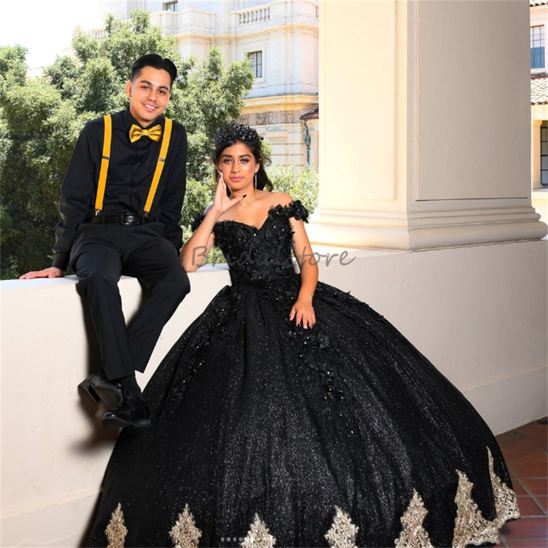 Sparkly Black Charro Quinceanera Dresses With 3D Florals Off Shoulders Glitter Appliques Lace Mexican Birthday Party Dress 2025 Halloween Gothic Debut