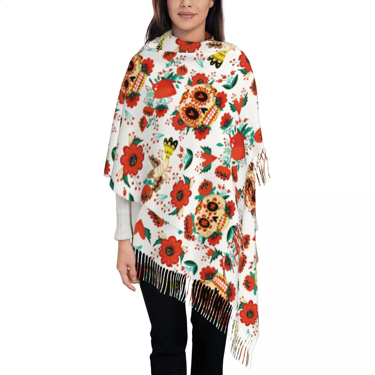 Womens Tassel Scarf Sugar Skull Halloween Mexican Long Winter Warm Shawl and Wrap Folk Style Reversible Pashmina Scarves 240914