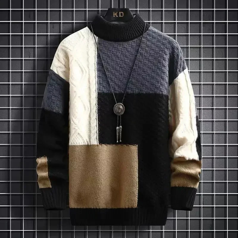 Mens clothing mens collar jacket knitted sweater mens round neck jacket spliced zipper X fit Y2k retro top Korean style A 240924