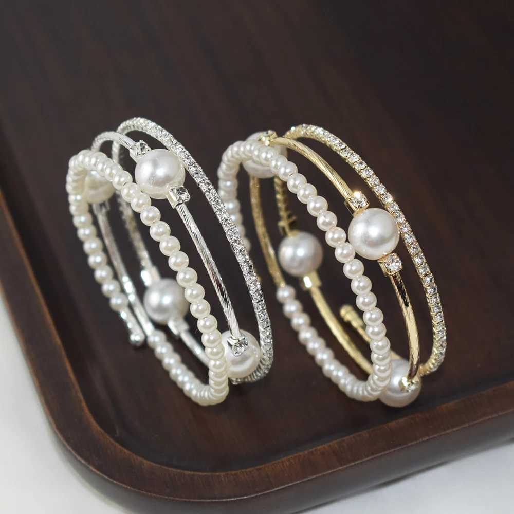 Crystal Pearl Bracelet Womens Rhinestone Multi layer Adjustable Bracelet Cuffs Gold Silver Plated Charm Bracelet Jewelry Gift W240925
