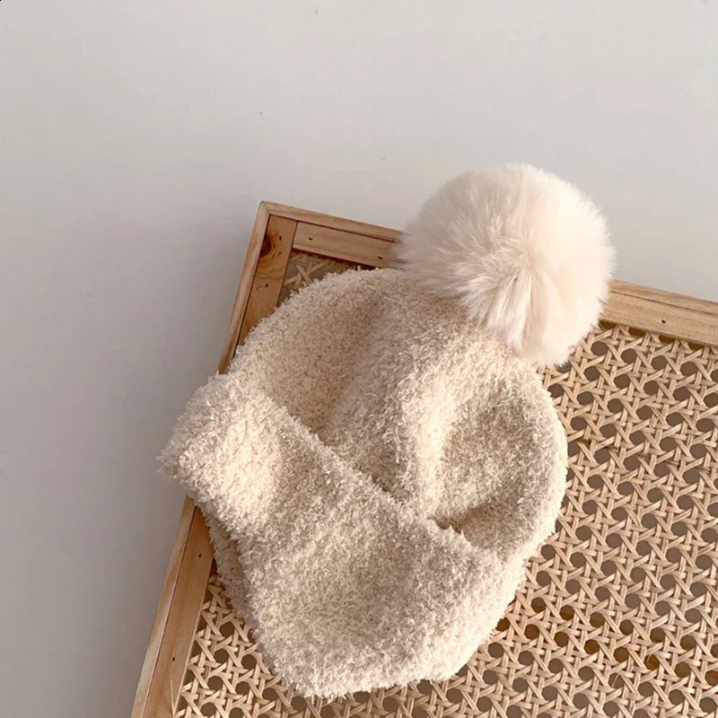14 year old born baby children girls boys winter warm and soft knitted hat fur ball fluffy solid color elastic cute bear 240925